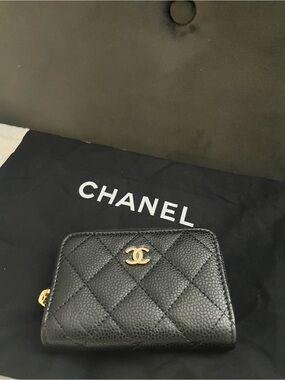 CHANEL Black Quilted Caviar Leather Zip Card Wallet with Gold CC